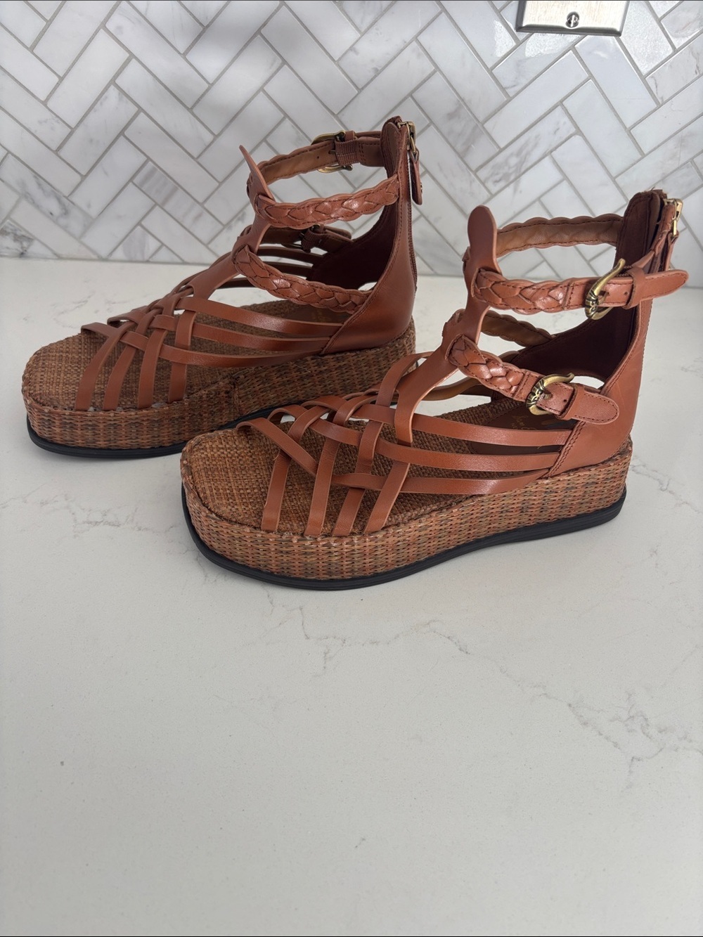 Sam Edelman Woven Leather Platform Sandals in Cognac